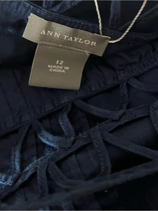 Ann Taylor,Navy Textured Sheath Dress Lattice Neckline Pintuck-Panel,Size 12 - Picture 8 of 11